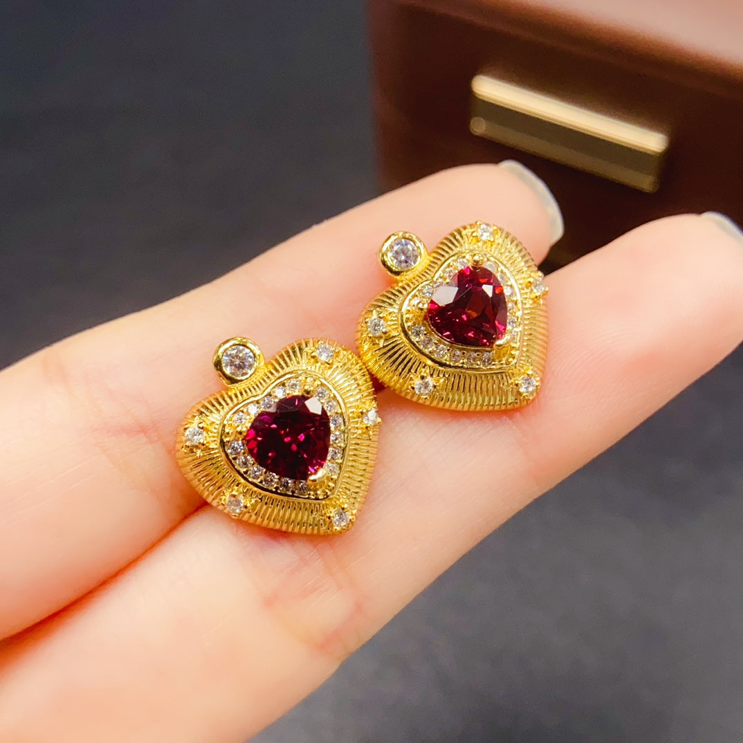 Natural Garnet 3PCS Jewelry Set | Heart Shape Heavy Craft Ring Pendant Earrings | 6*6mm Genuine Stone | 925 Silver Valentines Day Gift | Full Set For Women