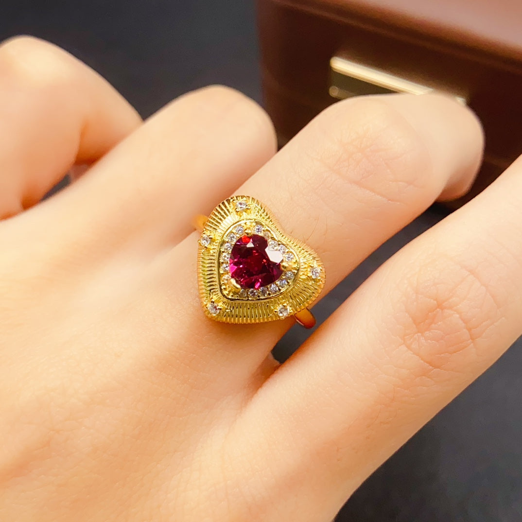 Natural Garnet 3PCS Jewelry Set | Heart Shape Heavy Craft Ring Pendant Earrings | 6*6mm Genuine Stone | 925 Silver Valentines Day Gift | Full Set For Women
