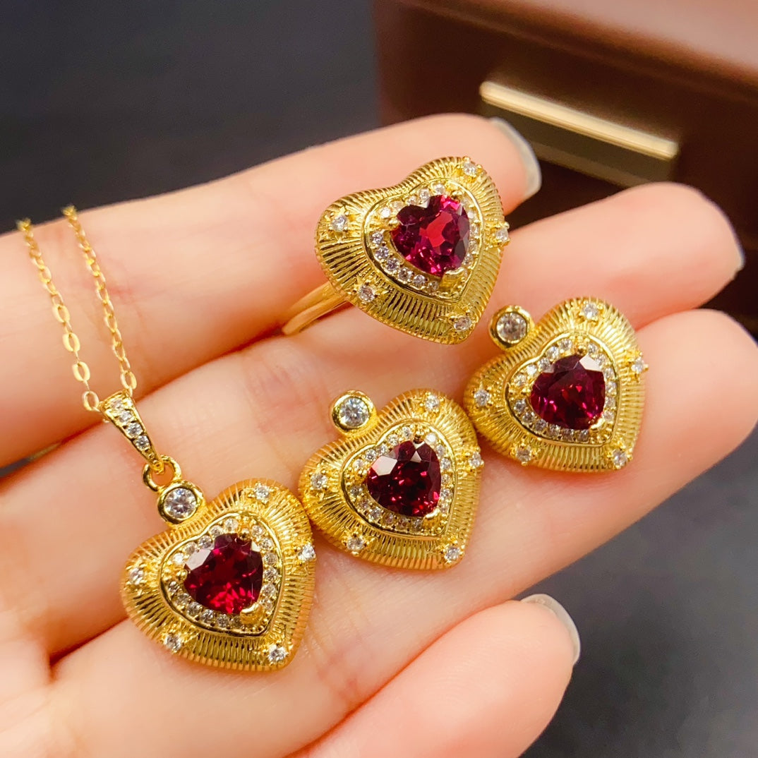 Natural Garnet 3PCS Jewelry Set | Heart Shape Heavy Craft Ring Pendant Earrings | 6*6mm Genuine Stone | 925 Silver Valentines Day Gift | Full Set For Women