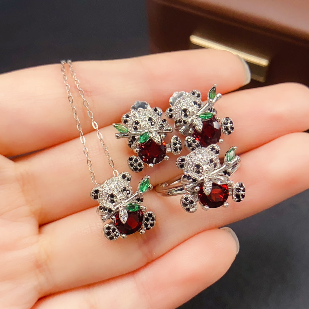 Natural Garnet 3PCS Jewelry Set | Stud Earrings Pendant Ring Set | 6*6mm Genuine Gemstone | 925 Silver Matching套装 | Birthday Gift For Women