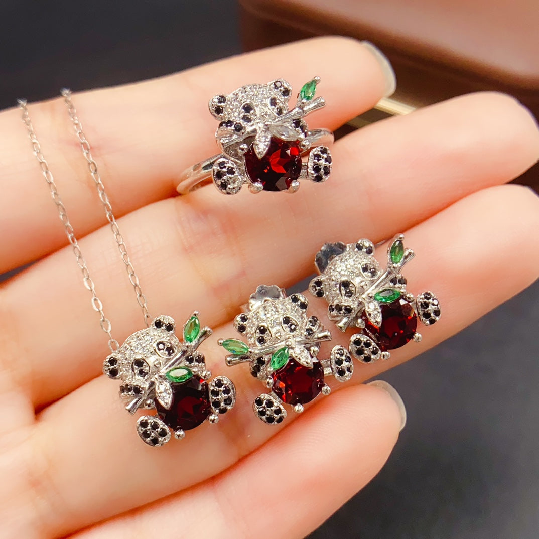 Natural Garnet 3PCS Jewelry Set | Stud Earrings Pendant Ring Set | 6*6mm Genuine Gemstone | 925 Silver Matching套装 | Birthday Gift For Women