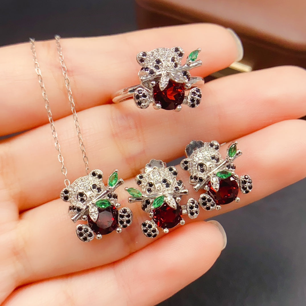 Natural Garnet 3PCS Jewelry Set | Stud Earrings Pendant Ring Set | 6*6mm Genuine Gemstone | 925 Silver Matching套装 | Birthday Gift For Women