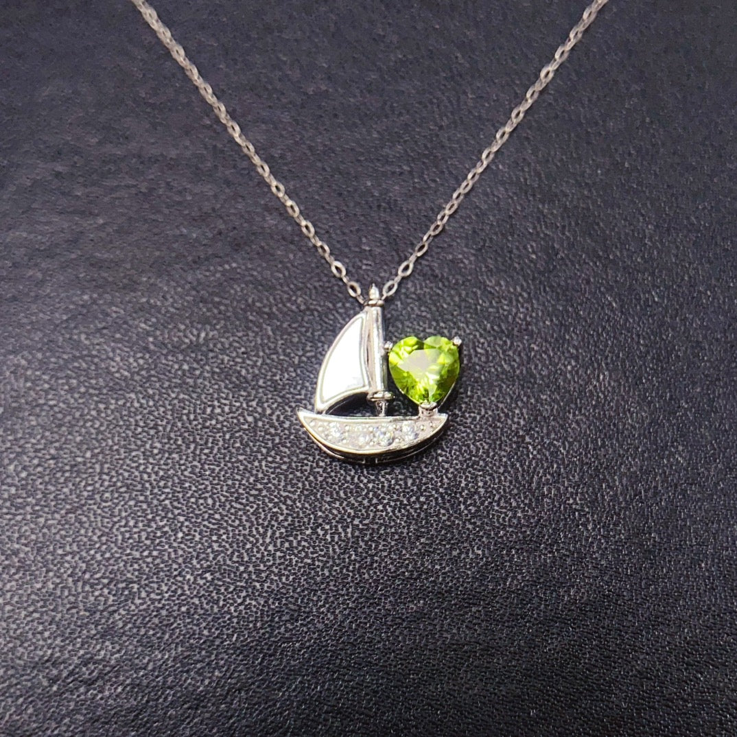 925 Silver Peridot Pendant Necklace | Natural Gem | Sailboat Design | 6x6mm Olive Green | High Quality | Summer Jewelry | Gift for Women
