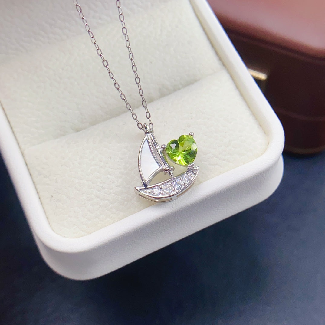 925 Silver Peridot Pendant Necklace | Natural Gem | Sailboat Design | 6x6mm Olive Green | High Quality | Summer Jewelry | Gift for Women