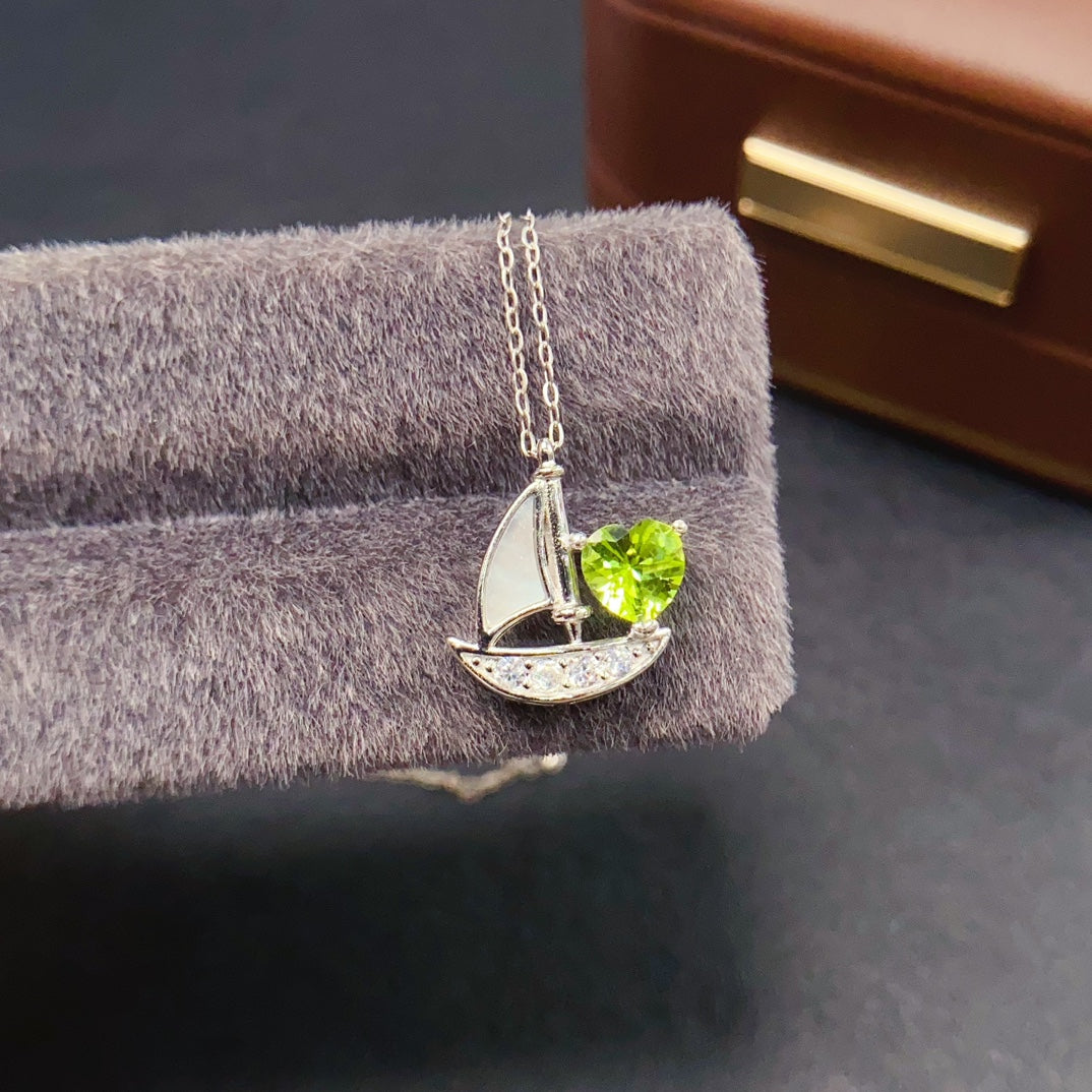 925 Silver Peridot Pendant Necklace | Natural Gem | Sailboat Design | 6x6mm Olive Green | High Quality | Summer Jewelry | Gift for Women