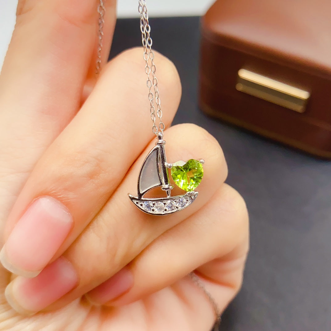 925 Silver Peridot Pendant Necklace | Natural Gem | Sailboat Design | 6x6mm Olive Green | High Quality | Summer Jewelry | Gift for Women
