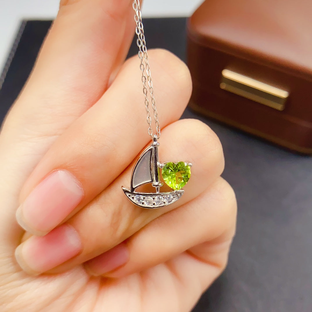 925 Silver Peridot Pendant Necklace | Natural Gem | Sailboat Design | 6x6mm Olive Green | High Quality | Summer Jewelry | Gift for Women