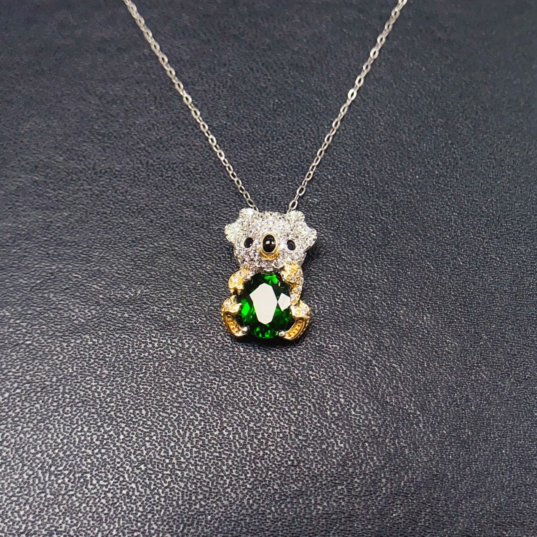 925 Silver Diopside Pendant Necklace | Natural Gem | Cute Bear Design | 6x8mm Vibrant Green | High Quality | Animal Jewelry | Gift for Her