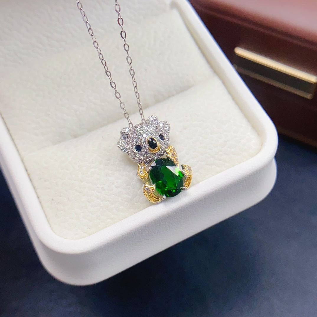 925 Silver Diopside Pendant Necklace | Natural Gem | Cute Bear Design | 6x8mm Vibrant Green | High Quality | Animal Jewelry | Gift for Her