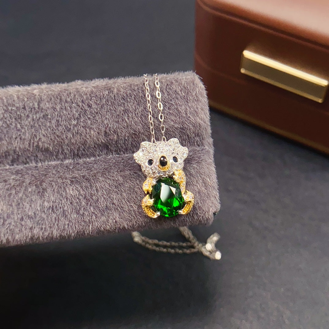 925 Silver Diopside Pendant Necklace | Natural Gem | Cute Bear Design | 6x8mm Vibrant Green | High Quality | Animal Jewelry | Gift for Her