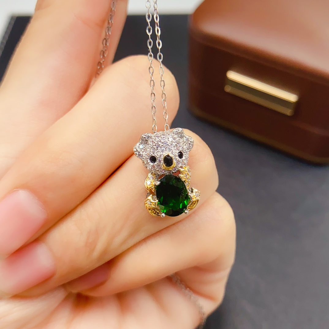 925 Silver Diopside Pendant Necklace | Natural Gem | Cute Bear Design | 6x8mm Vibrant Green | High Quality | Animal Jewelry | Gift for Her