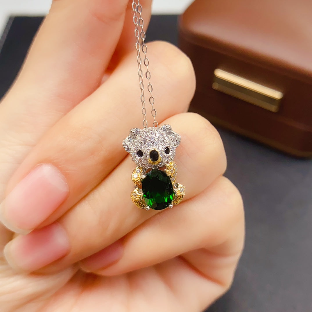 925 Silver Diopside Pendant Necklace | Natural Gem | Cute Bear Design | 6x8mm Vibrant Green | High Quality | Animal Jewelry | Gift for Her