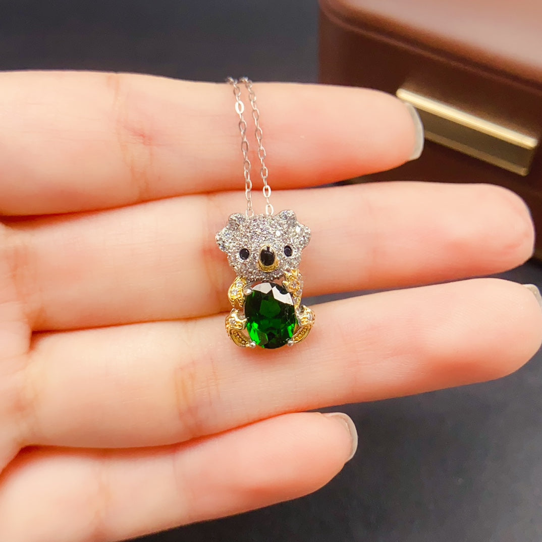 925 Silver Diopside Pendant Necklace | Natural Gem | Cute Bear Design | 6x8mm Vibrant Green | High Quality | Animal Jewelry | Gift for Her