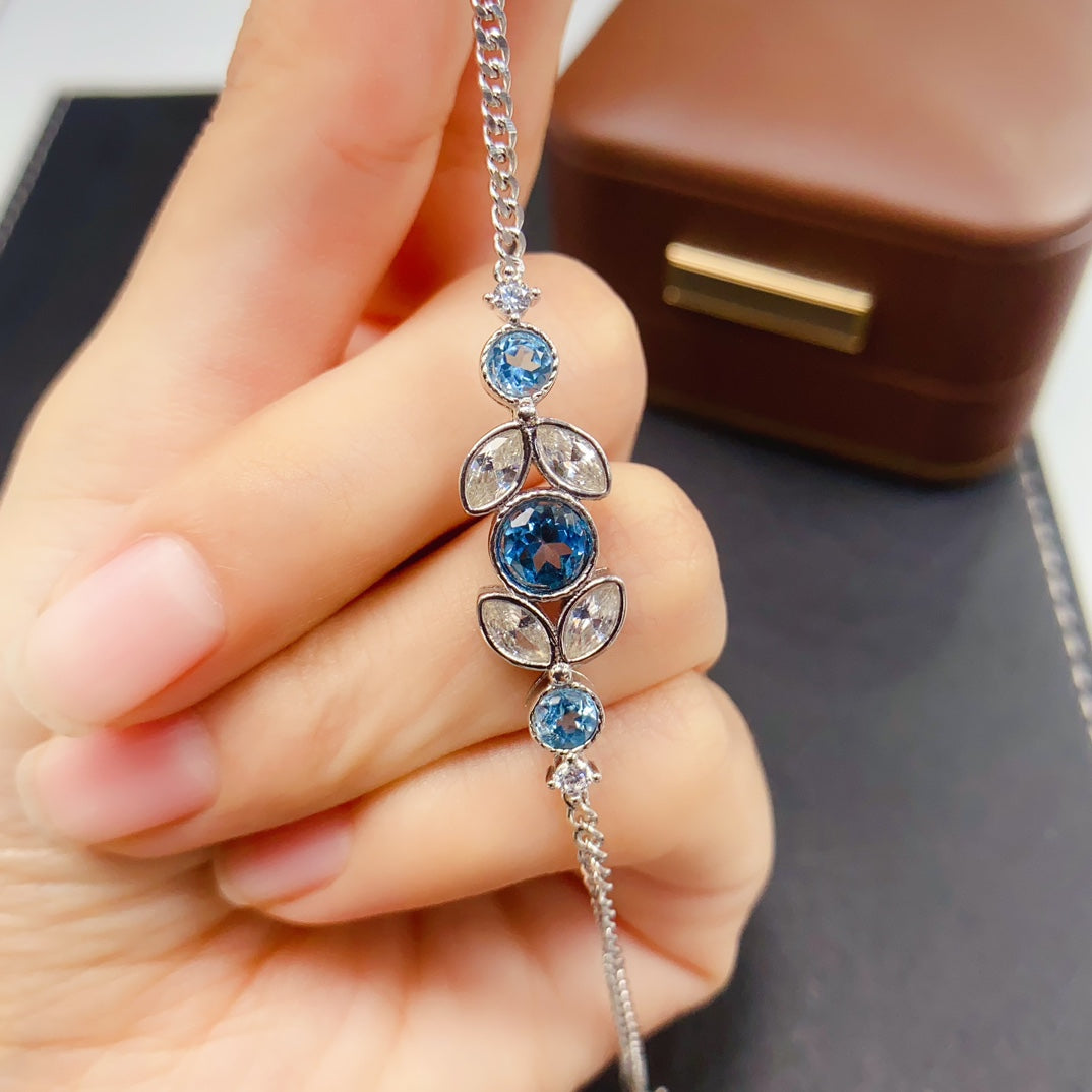 Natural Topaz Bracelet | Bubble Style Leaf Design Charm Bracelet | 66+44mm Genuine Stone | 925 Silver Gold Plated Jewelry | Cute Dainty Gift For Women