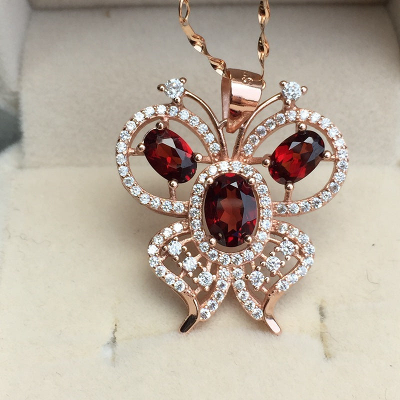 S925 Butterfly Pendant Natural Mozambique Garnet