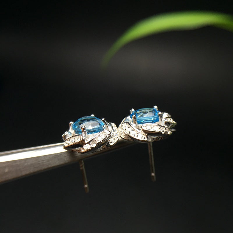 S925 Natural Topaz Earrings Korean Round