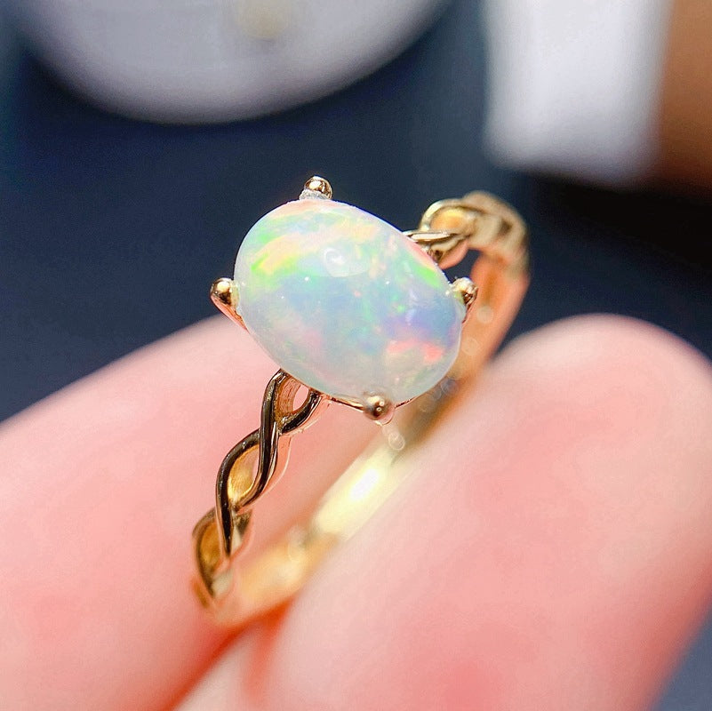 S925 Simple Natural 6*8 Full Fire Color Opal Ring