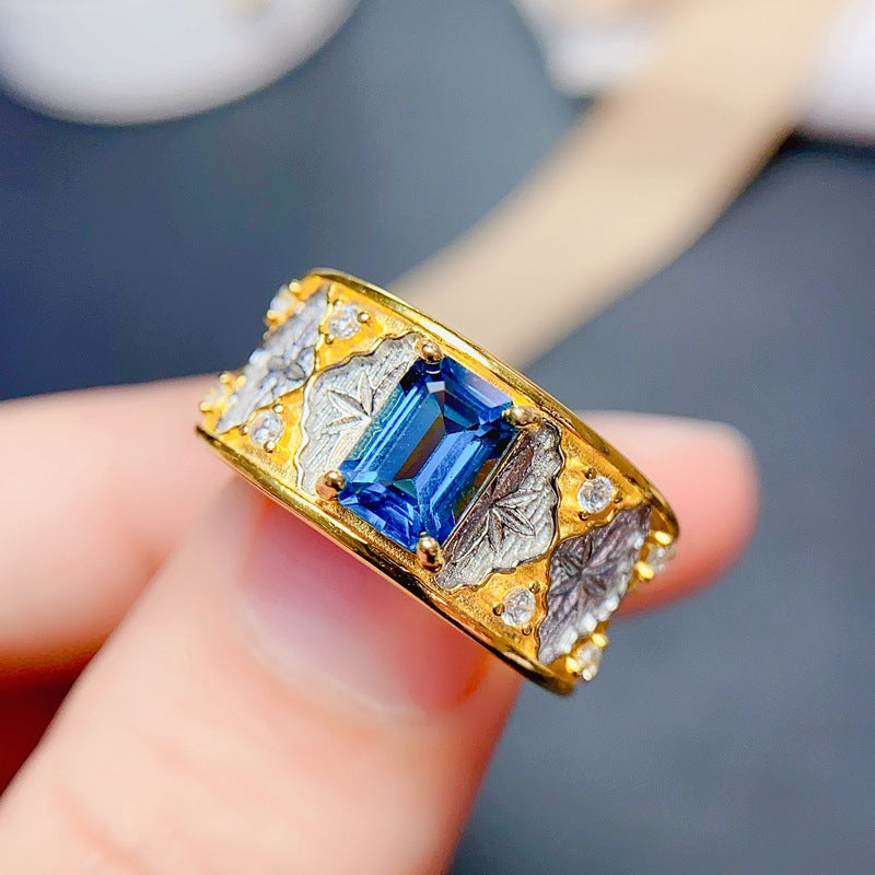S925 Italian Crafted Design Premium Natural London Blue Topaz Ring