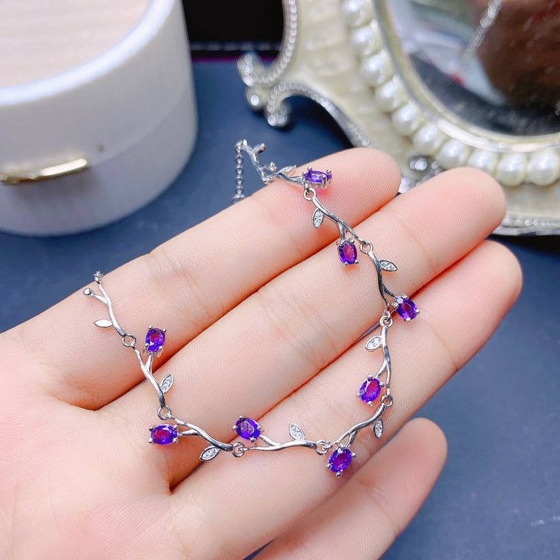 S925 Simple Branch Leaf Amethyst Bracelet
