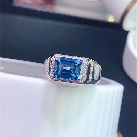 S925 Natural London Blue Topaz Men's Ring