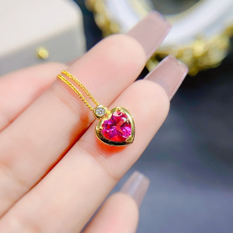 S925 Simple Natural Pink Topaz Pendant Heart Ladies Pendant