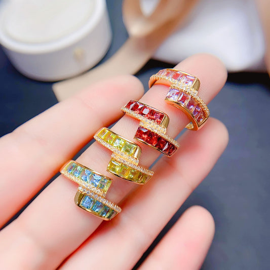 S925 Natural Peridot Topaz Garnet Amethyst Ring