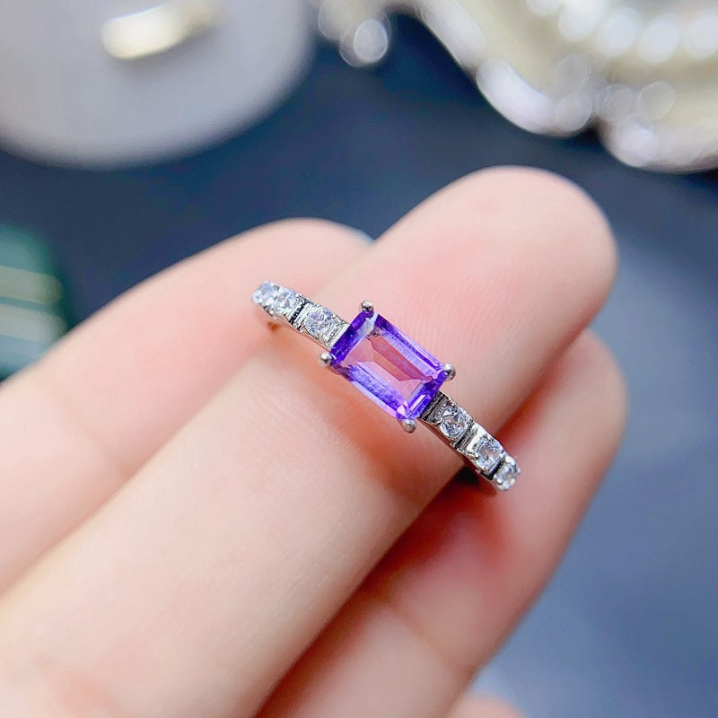 S925 Natural Amethyst Korean Small Octagon 4*6mm Ring