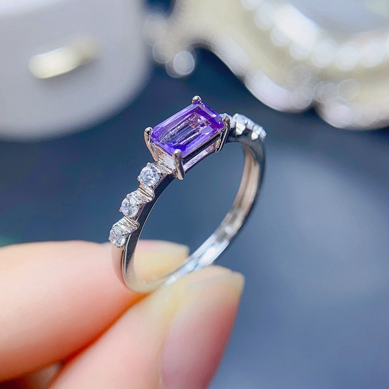 S925 Natural Amethyst Korean Small Octagon 4*6mm Ring