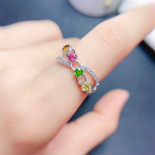 S925 Silver with Natural Tourmaline Row Ring