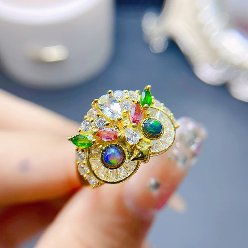 S925 Natural Black Opal Women's Ring with Aquamarine Pyrite Tourmaline