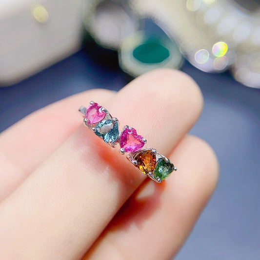 S925 Heart Shaped Candy Color Natural Tourmaline Row Ring