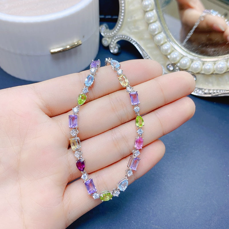 S925 Natural Blue Topaz Garnet Peridot Bracelet
