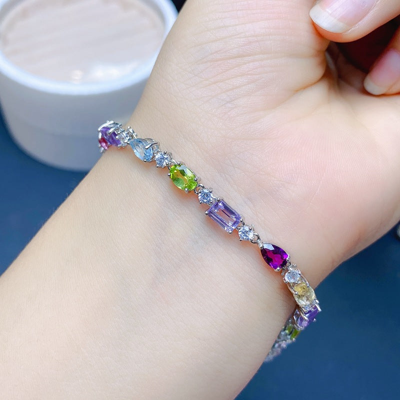 S925 Natural Blue Topaz Garnet Peridot Bracelet