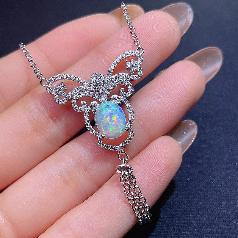S925 natural opal chain row fire opal collarbone chain
