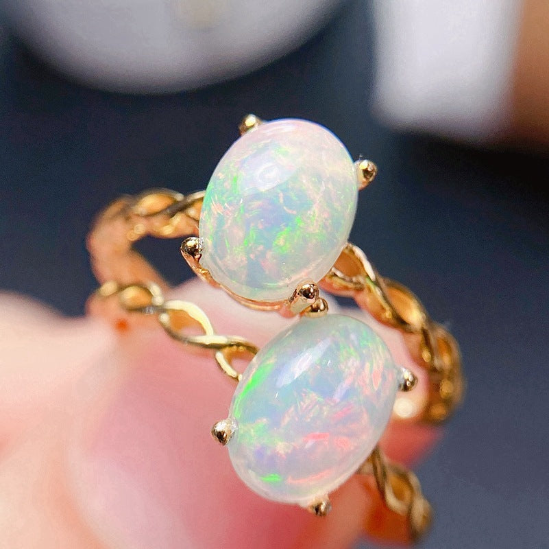 S925 Simple Natural 6*8 Full Fire Color Opal Ring