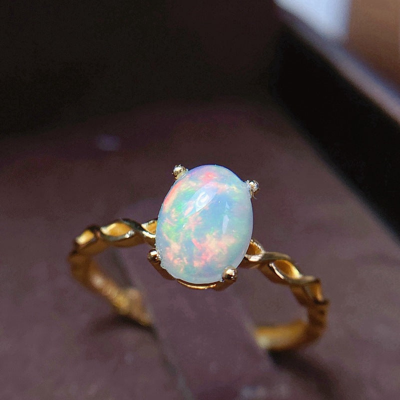 S925 Simple Natural 6*8 Full Fire Color Opal Ring