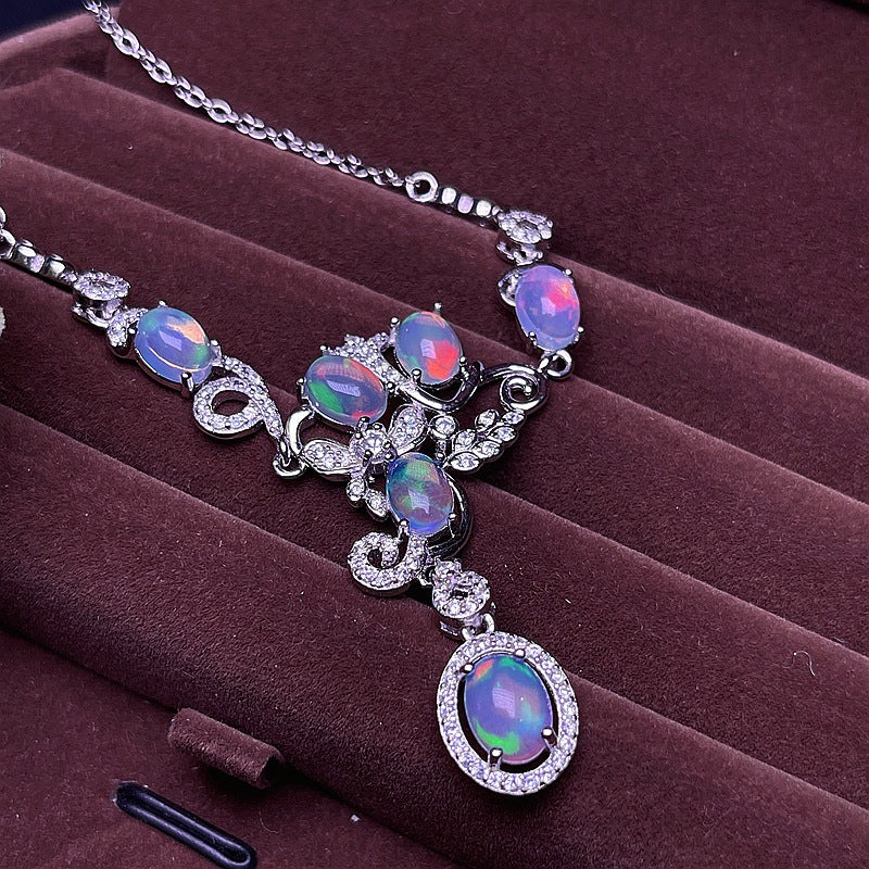 S925 Dazzling fire color natural fire opal collarbone chain necklace