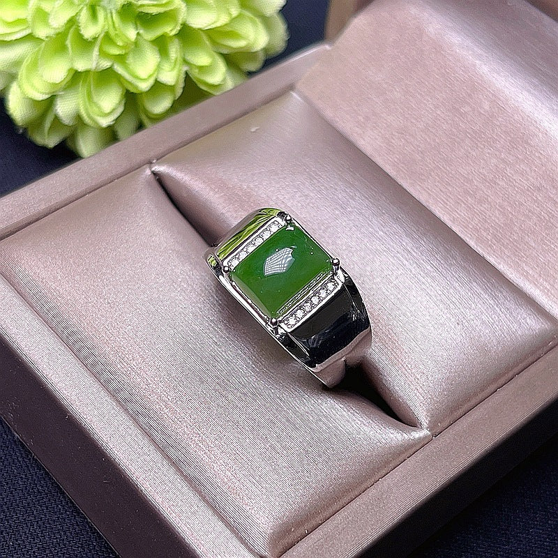 S925 Natural Hotan Jasper Men's Ring