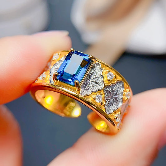 S925 Italian Crafted Design Premium Natural London Blue Topaz Ring