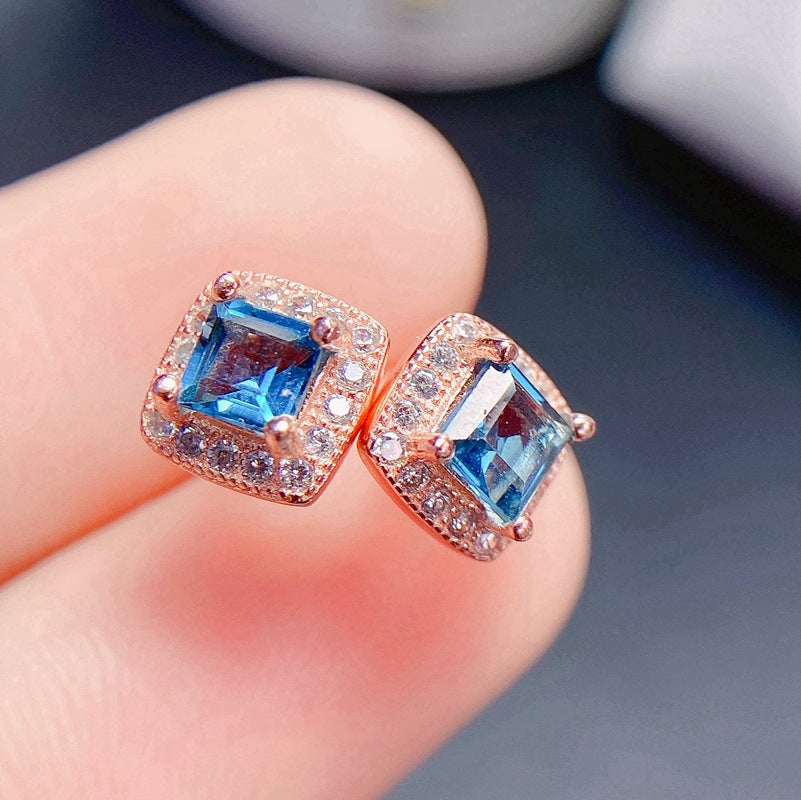 S925 Princess Square London Blue Topaz Earrings