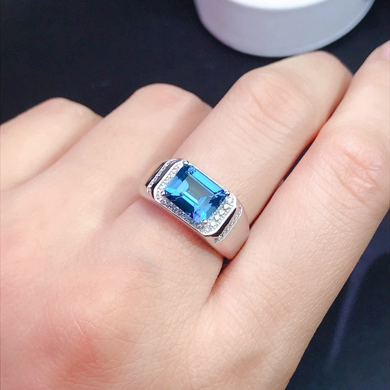 S925 Natural London Blue Topaz Men's Ring
