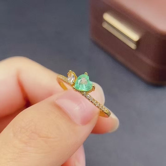 Natural Emerald Ring | Gold Plated Heart Shape | 5*5mm Genuine Gemstone | 925 Silver Stacking Ring | Vintage Eternity Ring Engagement Gift