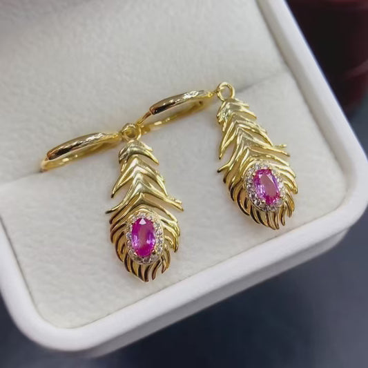 Natural Pink Sapphire Earrings Leaf Design | High Quality Vivid Color 3x5mm Gemstone Dangle Earrings | 925 Silver Dainty Jewelry | Trendy Statement Gift For Her