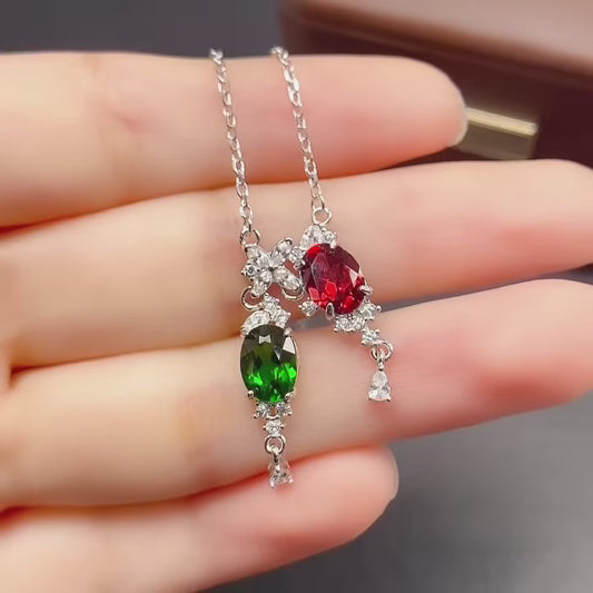 Natural Diopside & Garnet Necklace Set 925 Sterling Silver Pendant, 6x8mm Green Red Gemstone Energy Crystal Jewelry For Women, Birthstone Layering Choker, Positive Luck Stone Gift