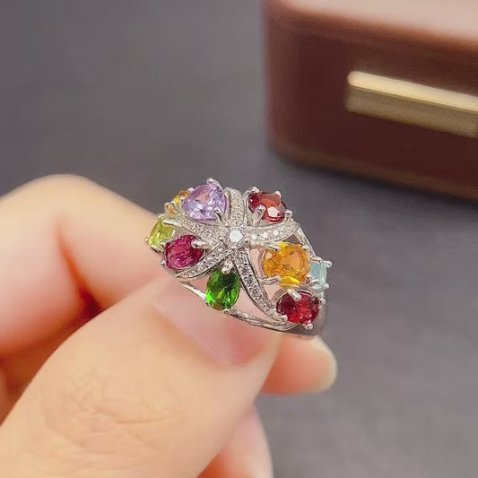 Natural Multi-Gemstone Adjustable Ring Luxe Design🎨Colorful Energy Stones S925 Silver 34+45mm Stacking Gift