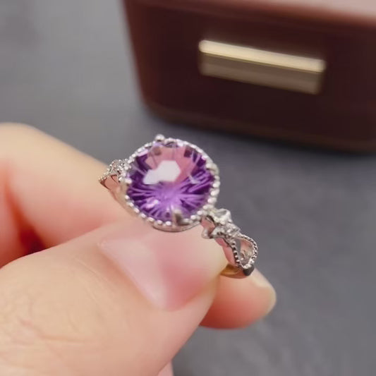 Natural Amethyst Ring | Fireworks Cut Round 8x8mm | 925 Silver | Fine Craftsmanship | Adjustable Open | February Birthstone | Unique Faceting | Sparkly Statement Gift