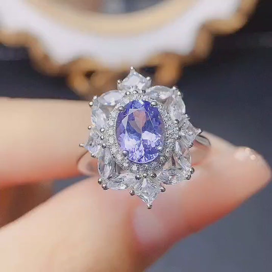 Natural Tanzanite Adjustable Ring, Flawless Crystal with Dazzling Fire, Exquisite 925 Silver Setting, Center Stone 6×8mm – Absolutely Stunning! (Adjustable Open Band)