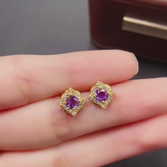 Natural Amethyst Earrings | Gold Setting Shiny | Super Rich Purple Color | High Quality Sparkle | 925 Silver Exquisite Setting | 4*4mm Round Daily | Light Luxury Earrings For Women