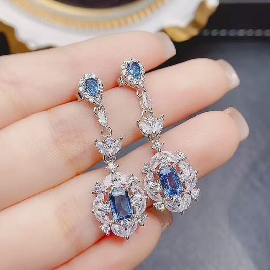 Natural Topaz Earrings Ear Drop 2-in-1 56+34mm London Blue/White Full Fire Full Clean S925 Silver Setting Light Luxury Minimalist Versatile Ins Style Gift