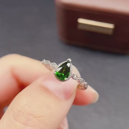 Natural Diopside Adjustable Ring, Teardrop Design, Vibrant Color & Brilliant Fire, 925 Silver Setting, 5x7mm Gem